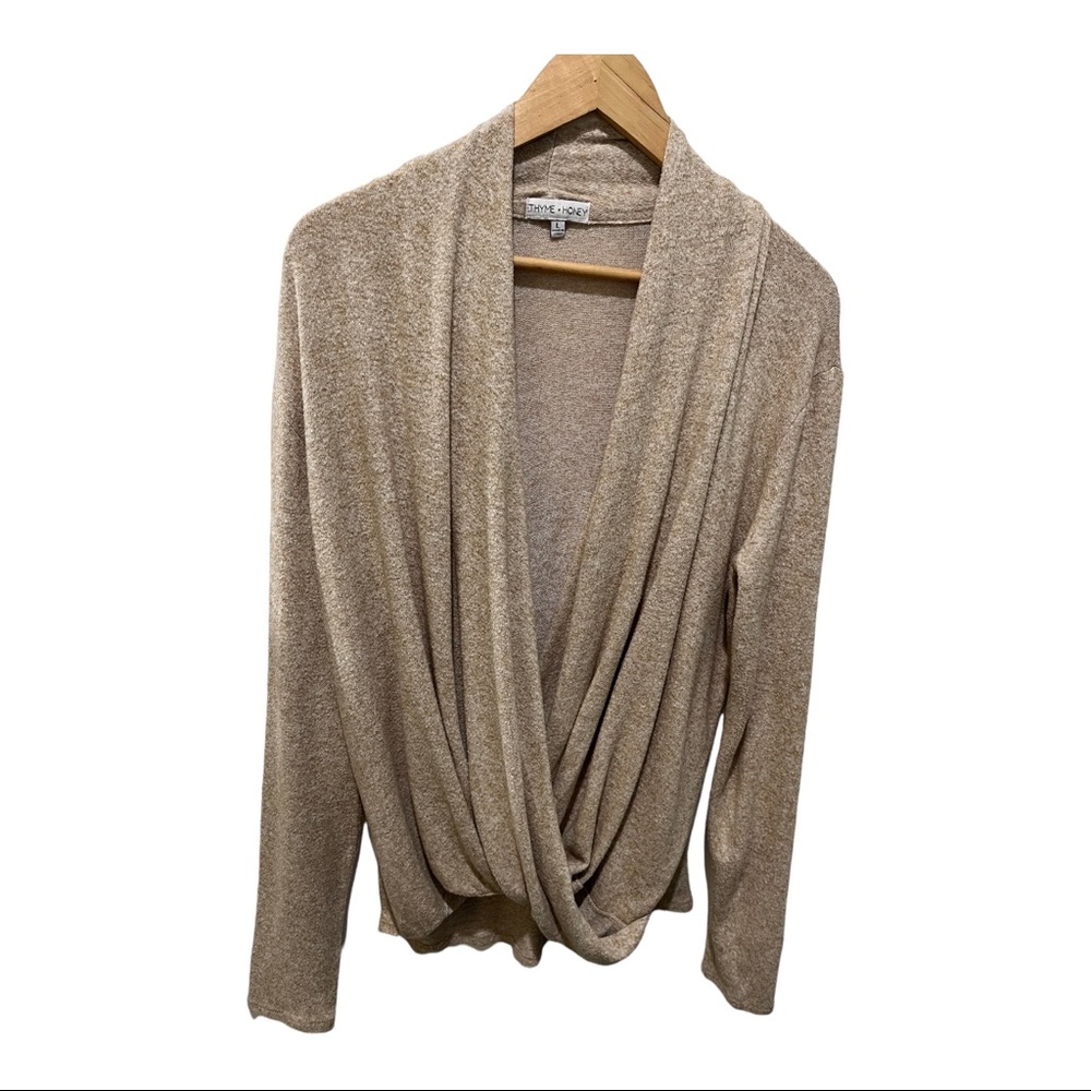 THYME & HONEY LIGHT BEIGE MARLED WRAP HIGH LOW LONG SLEEVE SWEATER